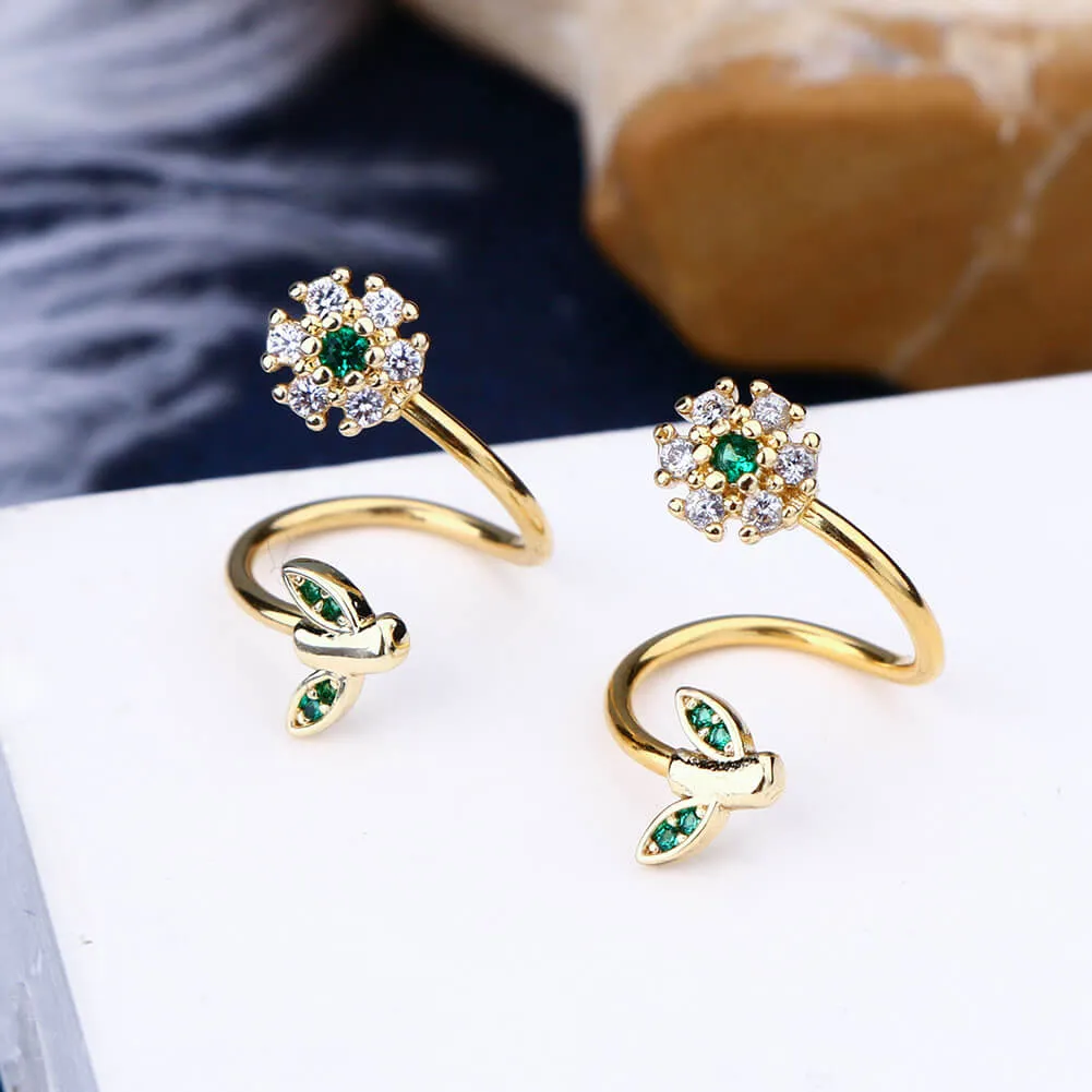 16G Spiral Helix Earring CZ Flower and Leaf Cartilage Earrings