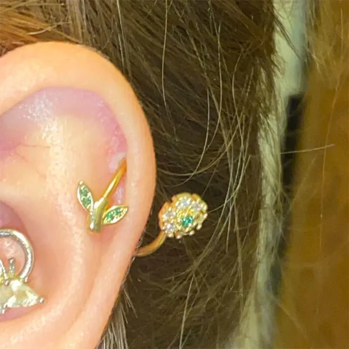 16G Spiral Helix Earring CZ Flower and Leaf Cartilage Earrings