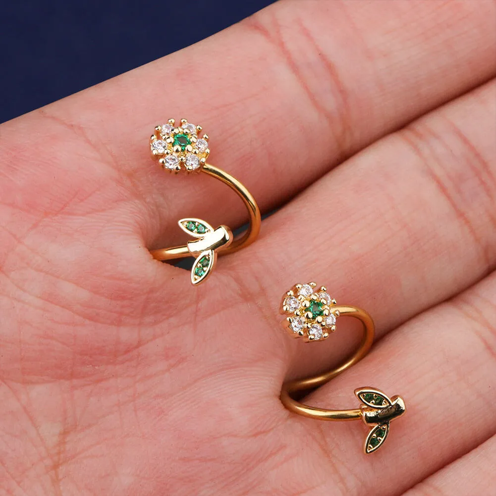 16G Spiral Helix Earring CZ Flower and Leaf Cartilage Earrings