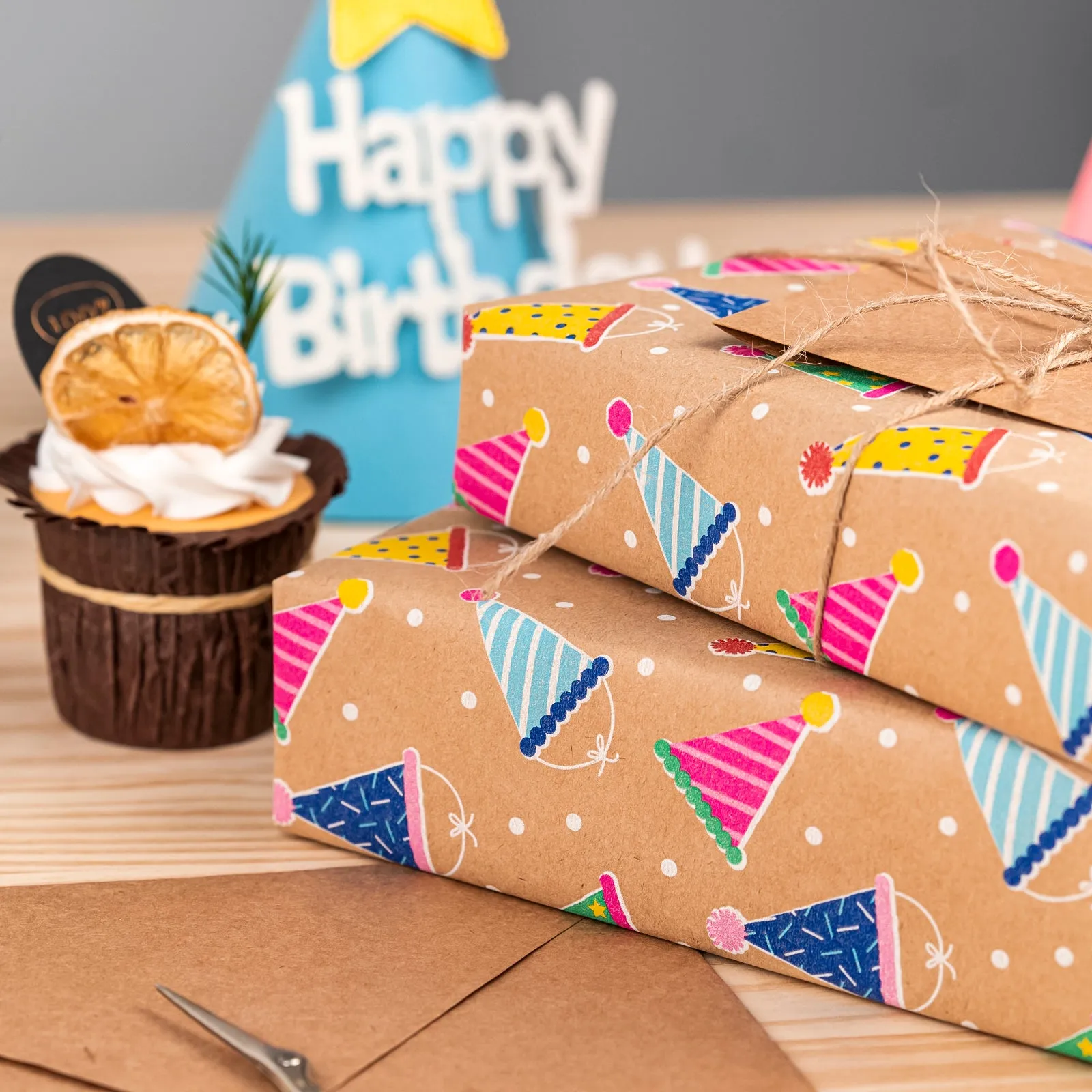 Birthday Hats Eco-friendly Kraft Wrapping Paper with Cut Line on Reverse
