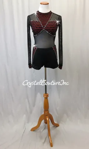 Black & Red with Stripes Long Sleeve Biketard - Swarovski Rhinestones