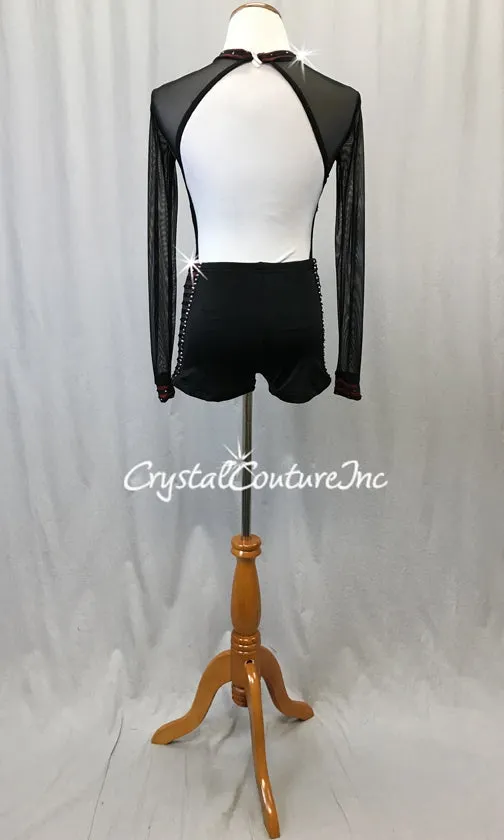 Black & Red with Stripes Long Sleeve Biketard - Swarovski Rhinestones