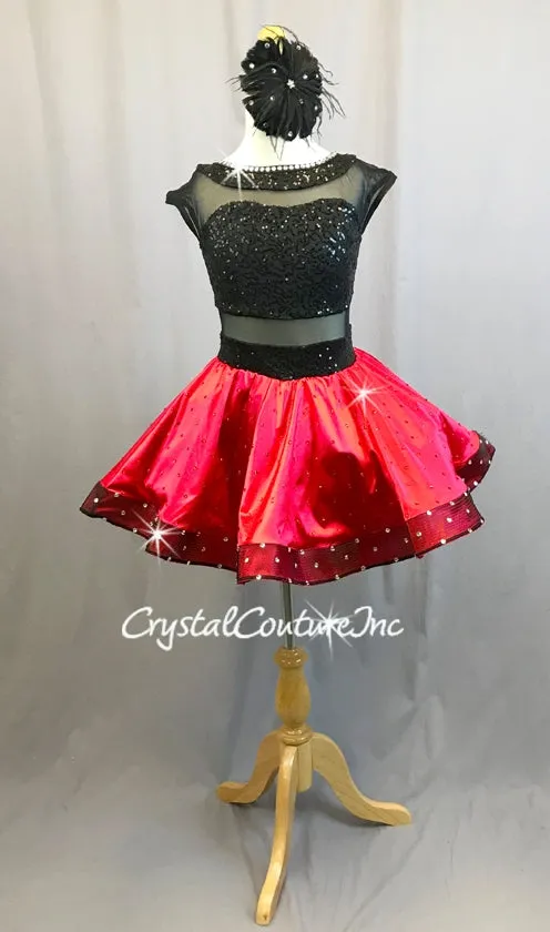 Black Zsa Zsa & sheer Mesh with Red Satin Skirt/ Booty Shorts - Swarovski Rhinestones