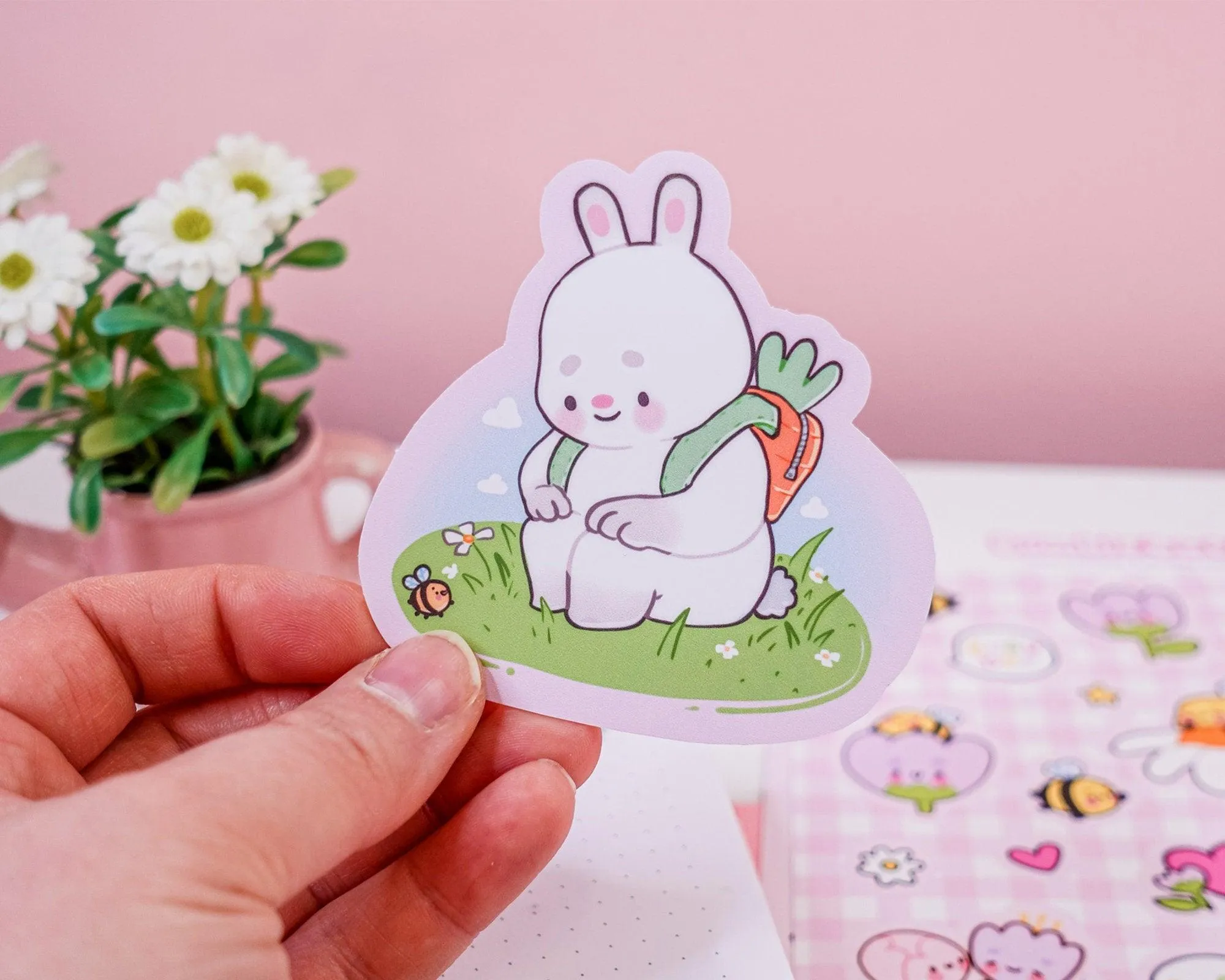 Bonbun & Bumblebutt Die Cut Sticker | Resting Kawaii Bunny & Bee Spring Sticker | Cute Pastel Decor for Journals & Planners