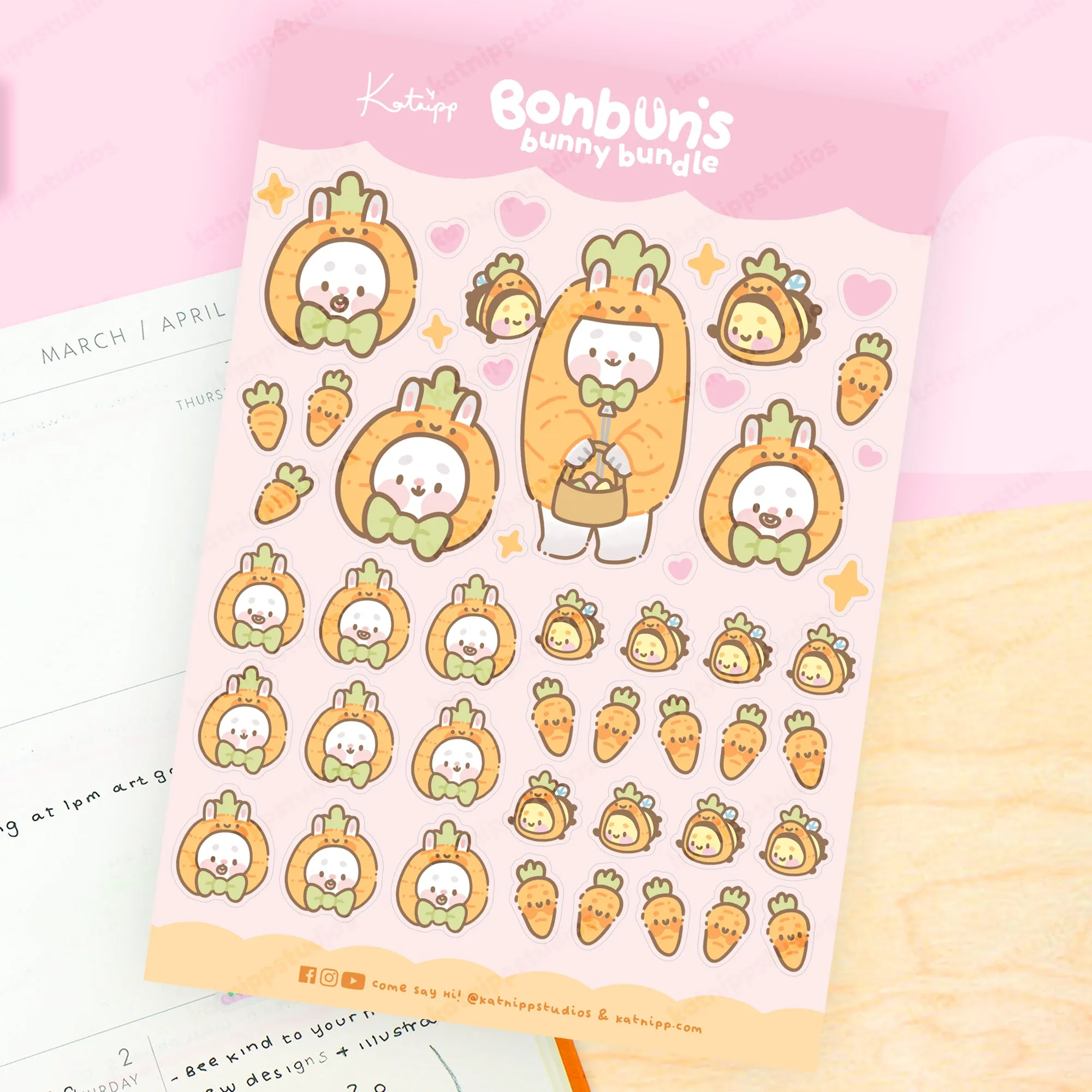 Bonbun’s Bunny Easter A5 Vinyl Sticker Sheet | Kawaii Bunny & Carrot Stickers | Cute Spring Planner Stickers