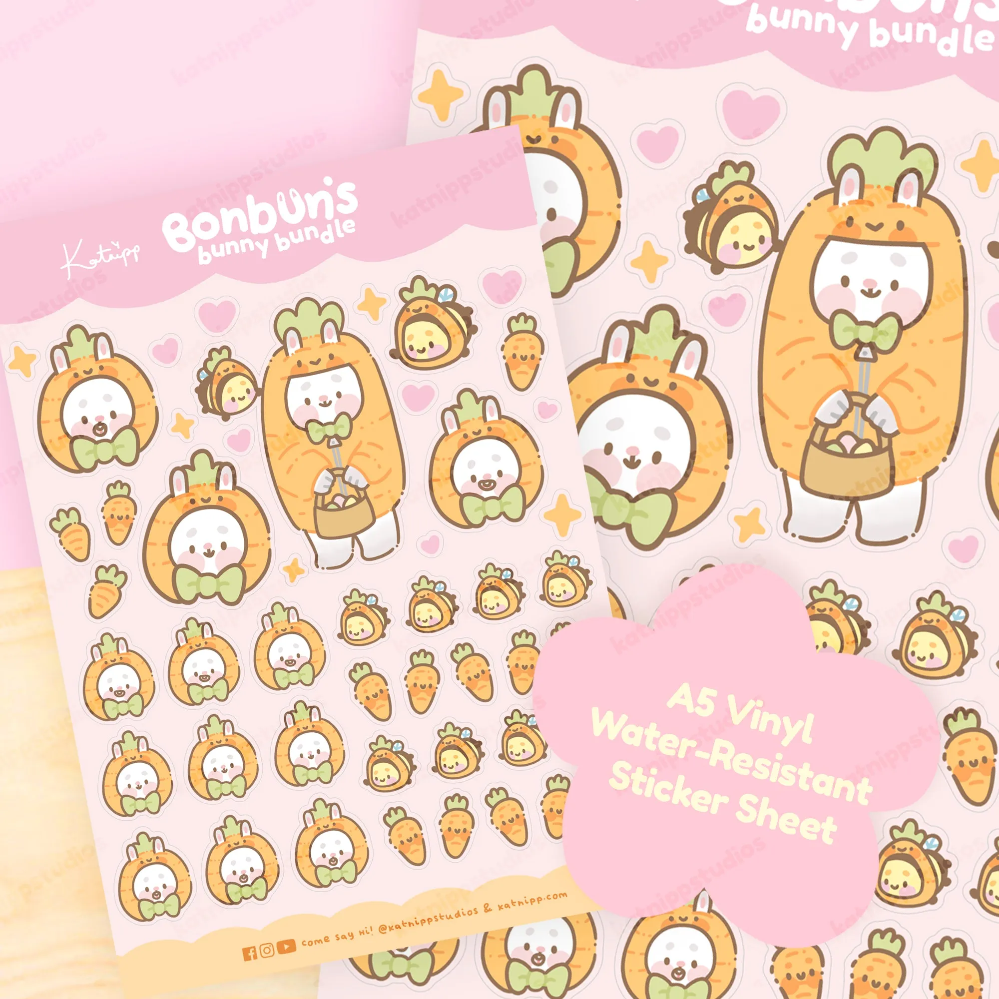 Bonbun’s Bunny Easter A5 Vinyl Sticker Sheet | Kawaii Bunny & Carrot Stickers | Cute Spring Planner Stickers