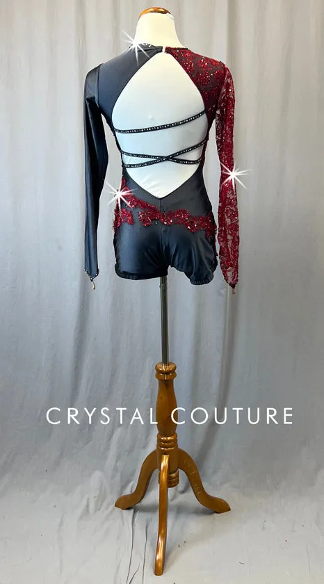 Custom Dark Grey Long Sleeve Biketard with Burgundy Lace - Rhinestones