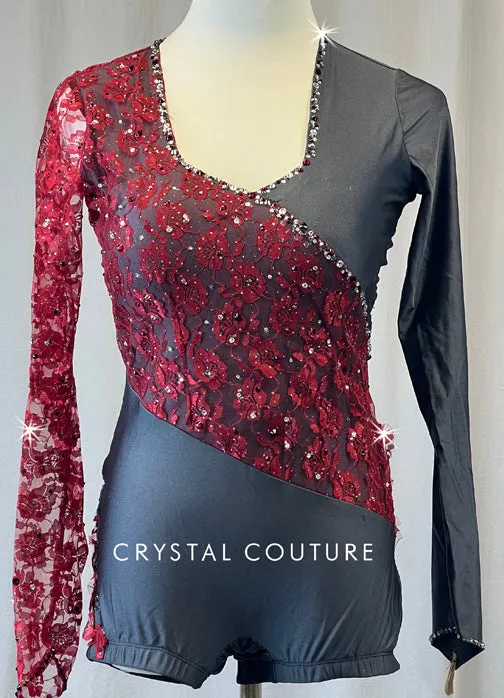 Custom Dark Grey Long Sleeve Biketard with Burgundy Lace - Rhinestones