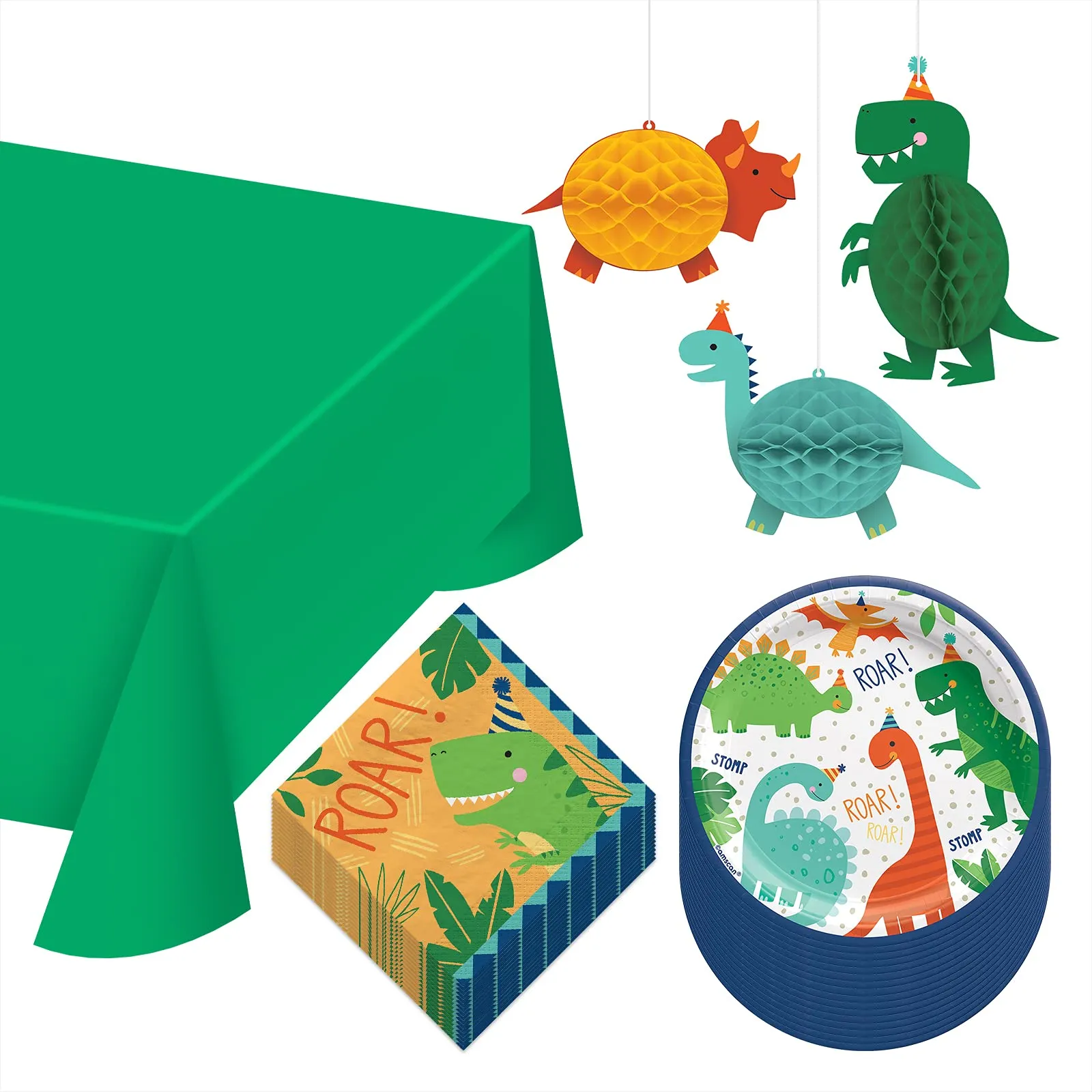 Dinosaur Dino-Mite Party Pack - Paper Dessert Plates, Napkins, Table Cover, and Hanging Cutouts Set (Serves 16)