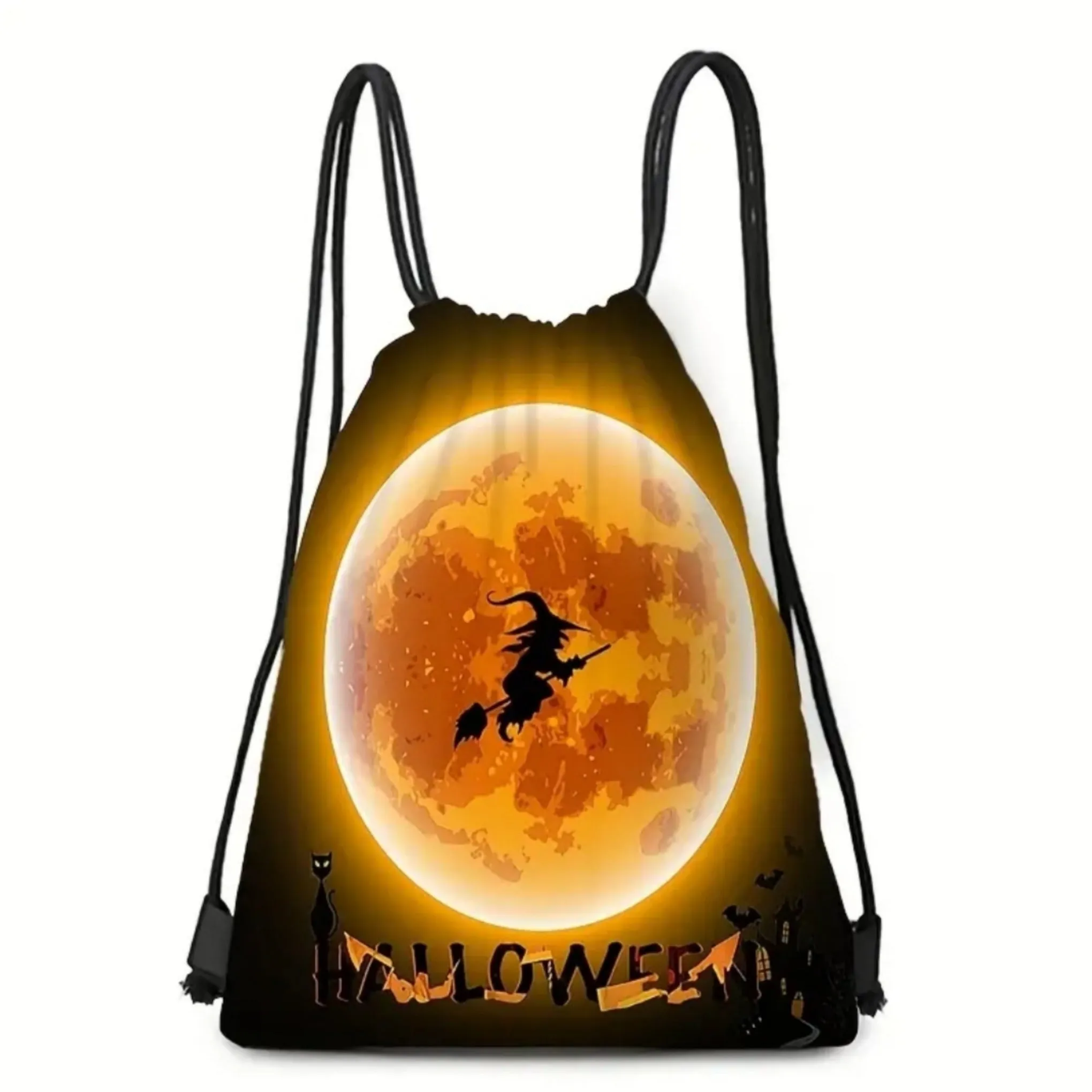High-Quality Black and Orange Halloween Drawstring Backpack