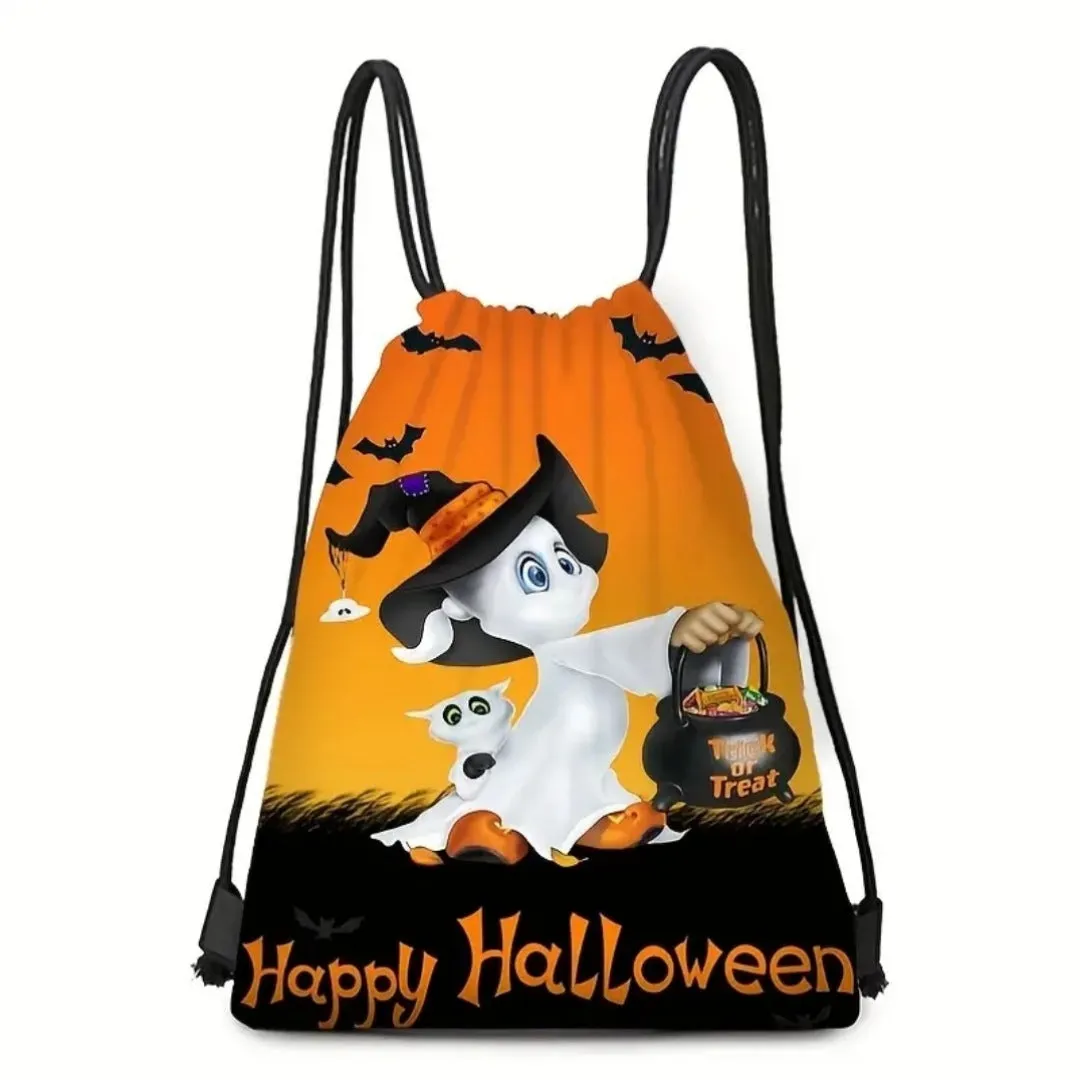 High-Quality Black and Orange Halloween Drawstring Backpack