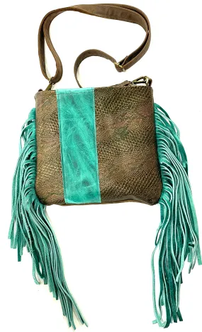 Medium Crossbody in copper Croc with turquoise strip