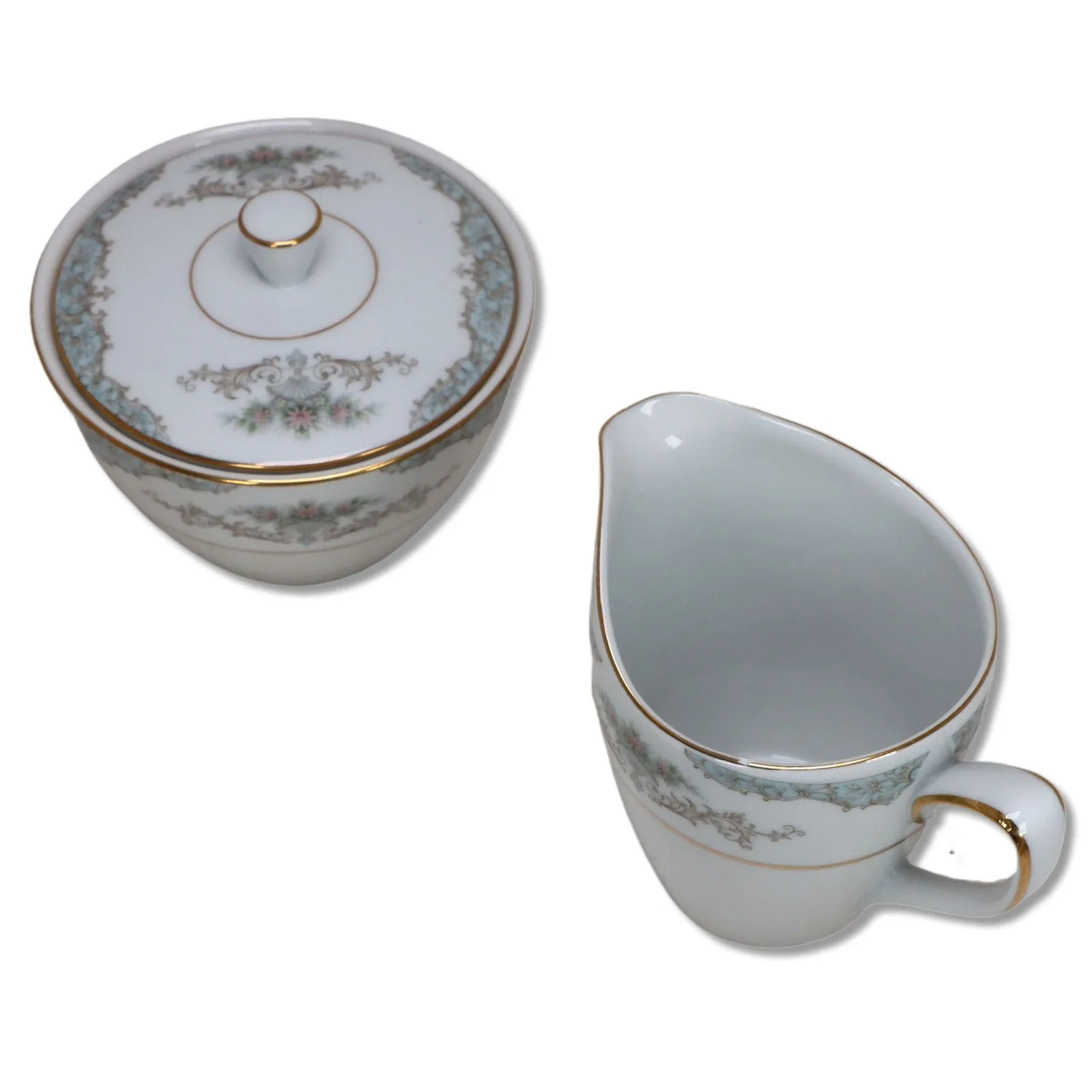 Mikasa Minuet 209 Creamer Sugar Bowl Set Gray Scrolls Gold Trim Japan