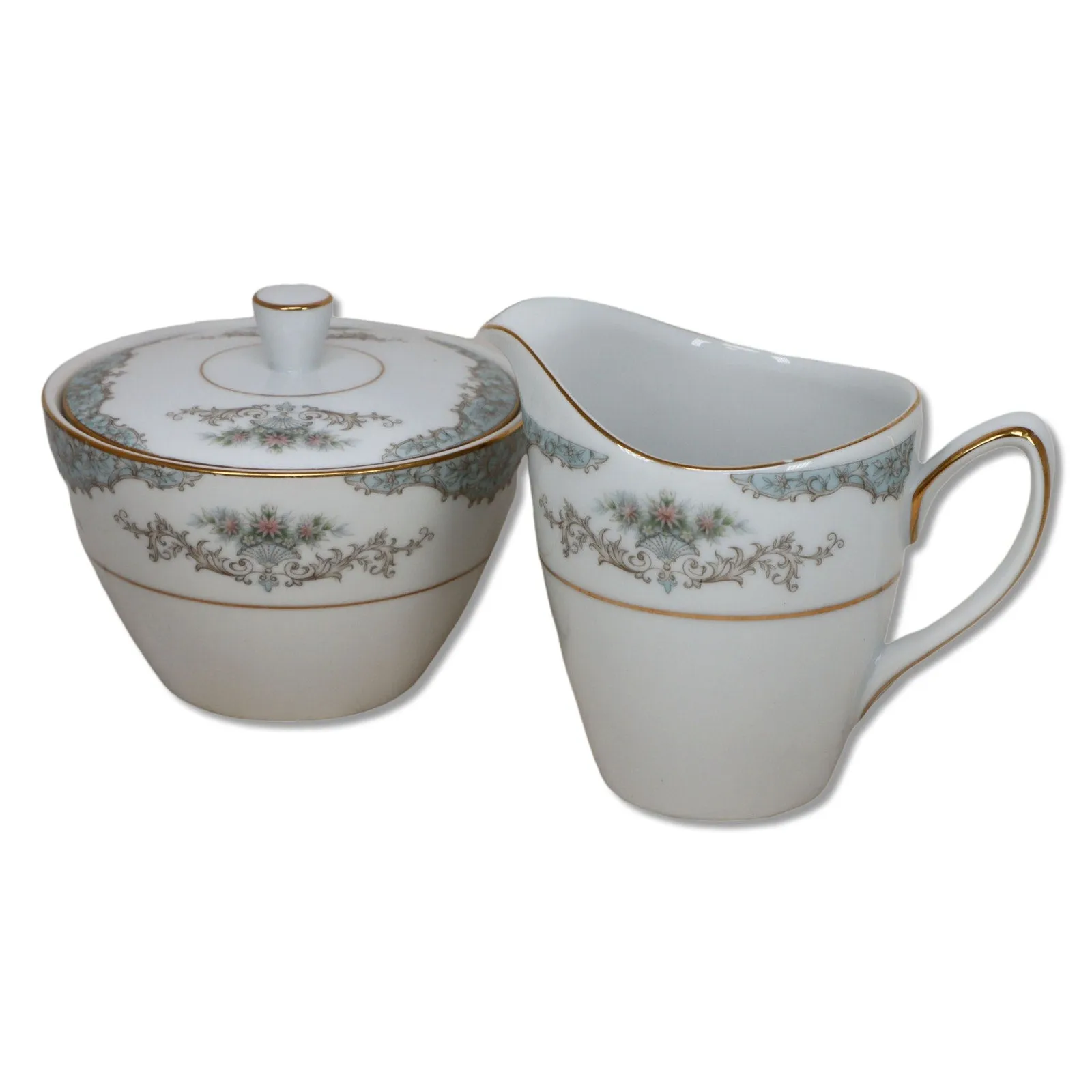 Mikasa Minuet 209 Creamer Sugar Bowl Set Gray Scrolls Gold Trim Japan