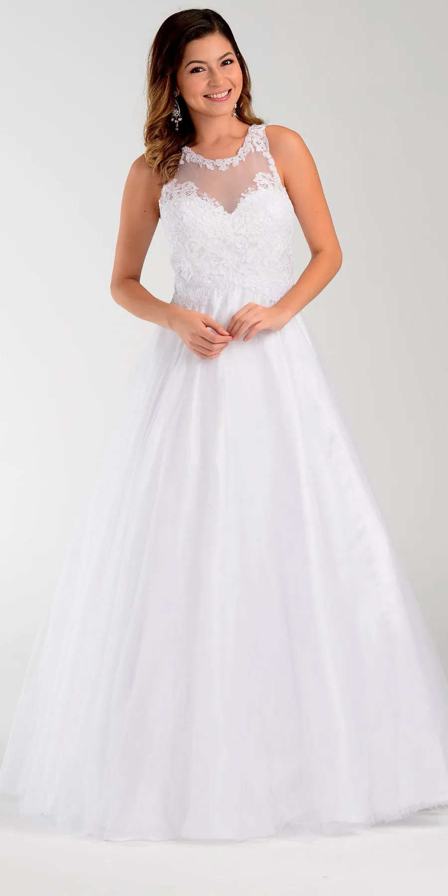 Poly USA | Ed Young 7490 White Cotillion A Line Dress Lace Applique Top