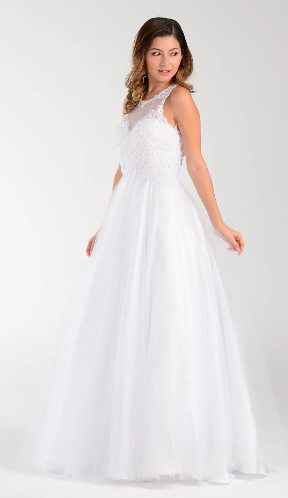 Poly USA | Ed Young 7490 White Cotillion A Line Dress Lace Applique Top
