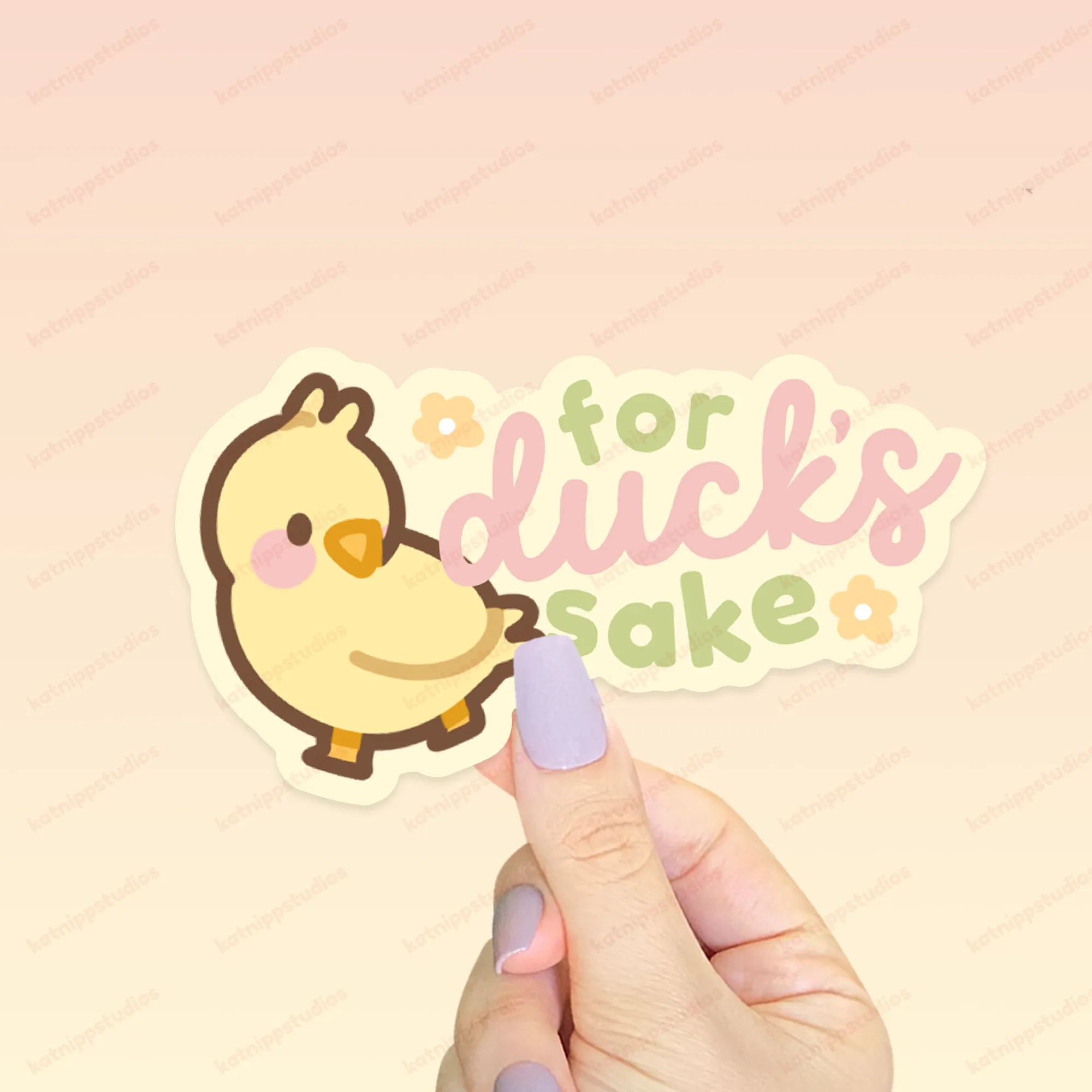 Spring Ducks & Daffodils: Funny Katnipp Duckling Kawaii Die-Cut Sticker - 'For Duck's Sake'