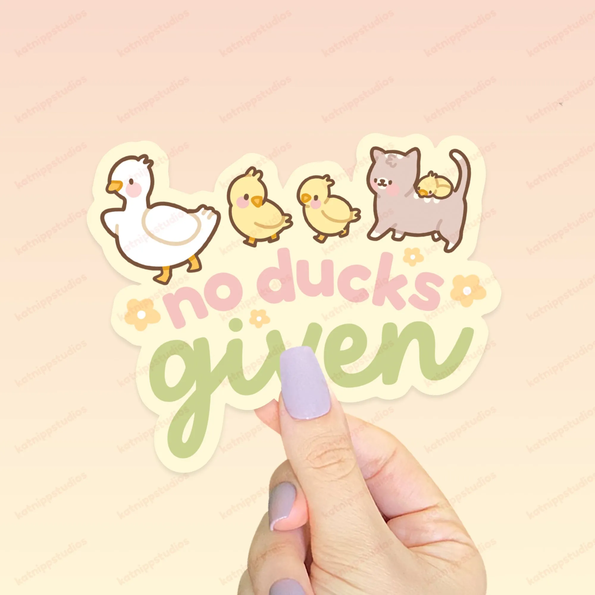 Spring Ducks and Daffodils: Satsuma & Katnipp Ducklings Funny Kawaii Die-Cut Sticker - 'No Ducks Given'