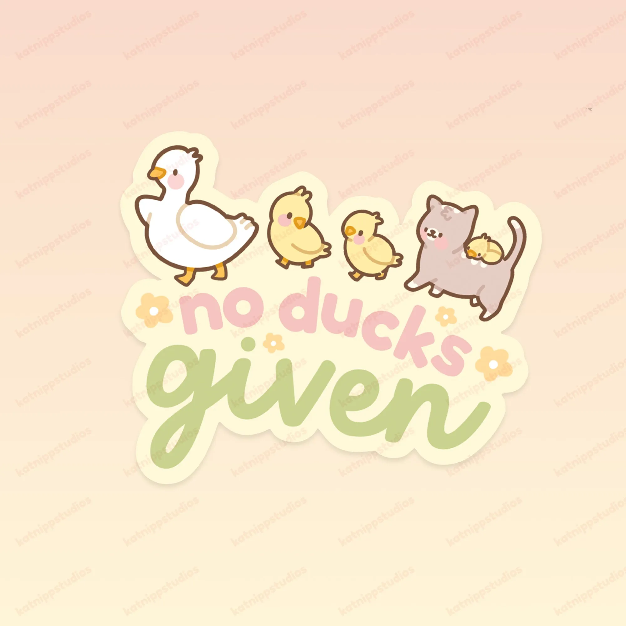 Spring Ducks and Daffodils: Satsuma & Katnipp Ducklings Funny Kawaii Die-Cut Sticker - 'No Ducks Given'
